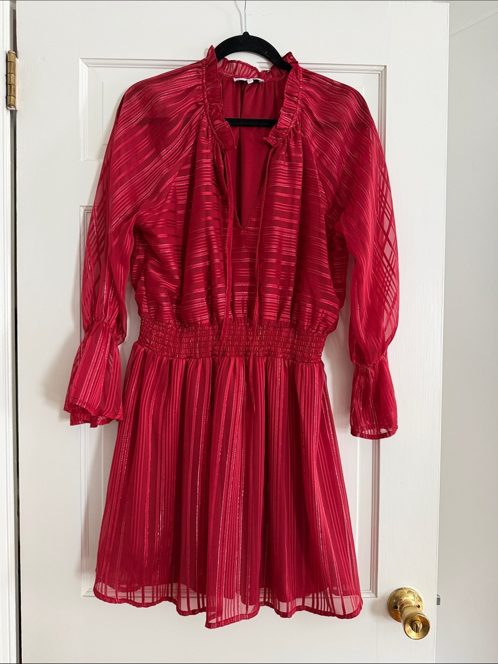 NSR Red Ruffle-Neck Long Sleeve Party Dress